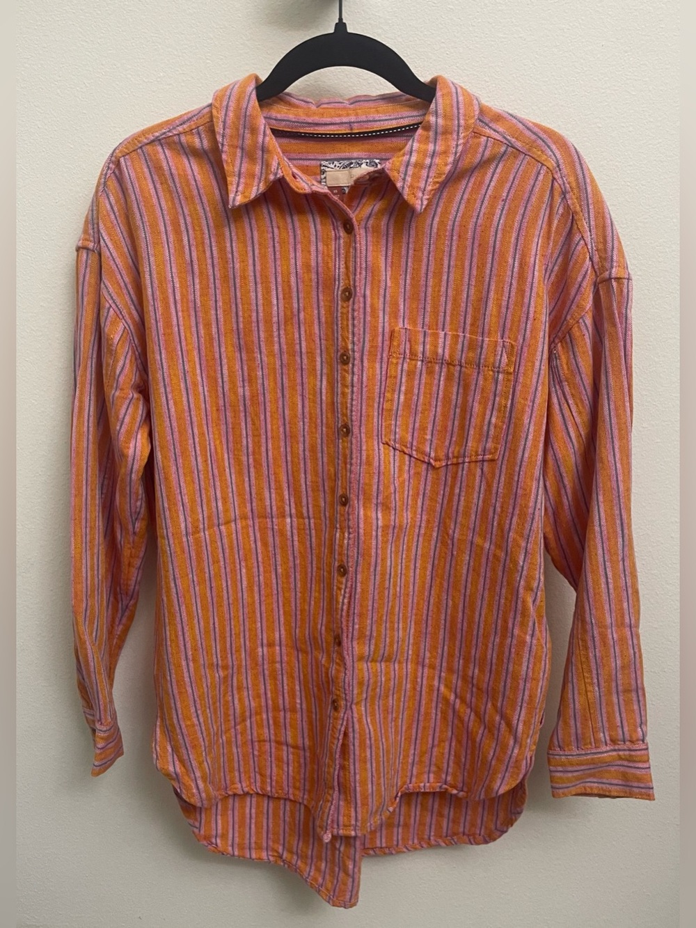 Pilcro by Anthropologie Oversized Boyfriend Orange and Pink Striped Button-Down